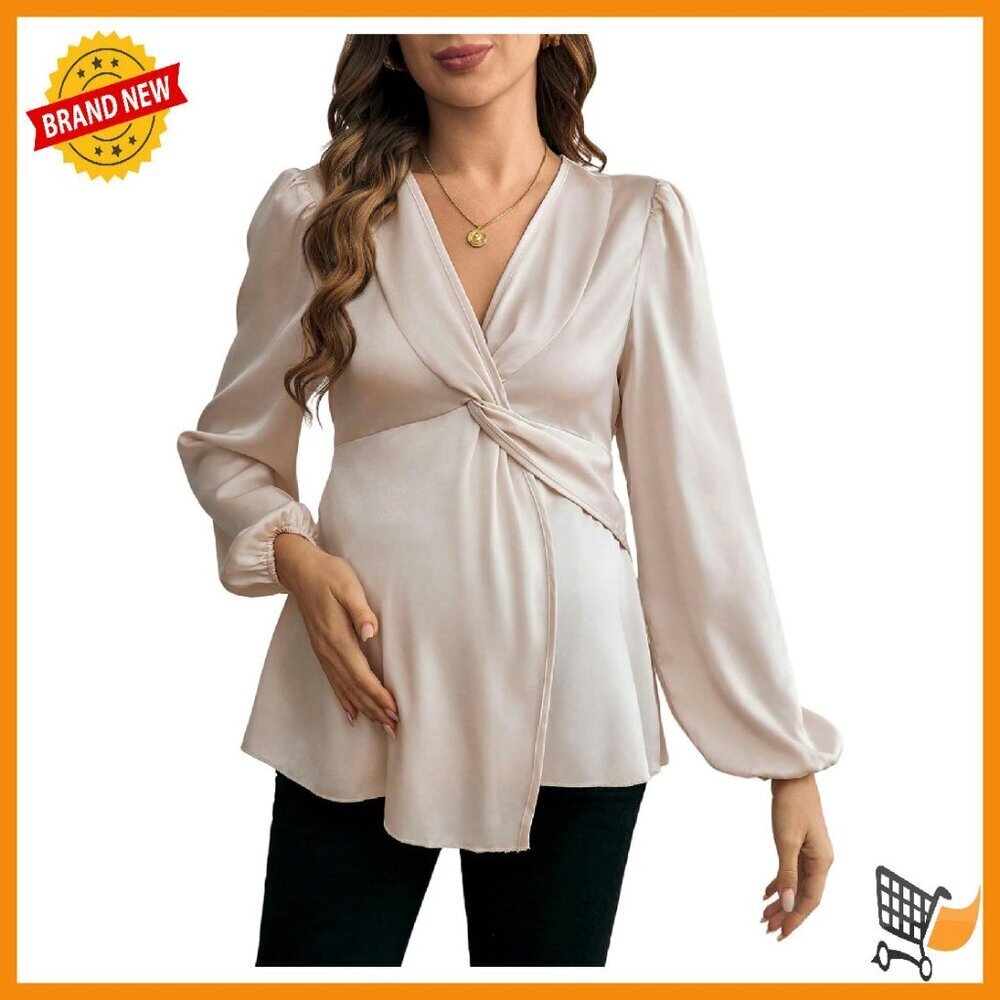 Maternity Peplum Top Lantern Sleeves V Neck Work Casual Blouse